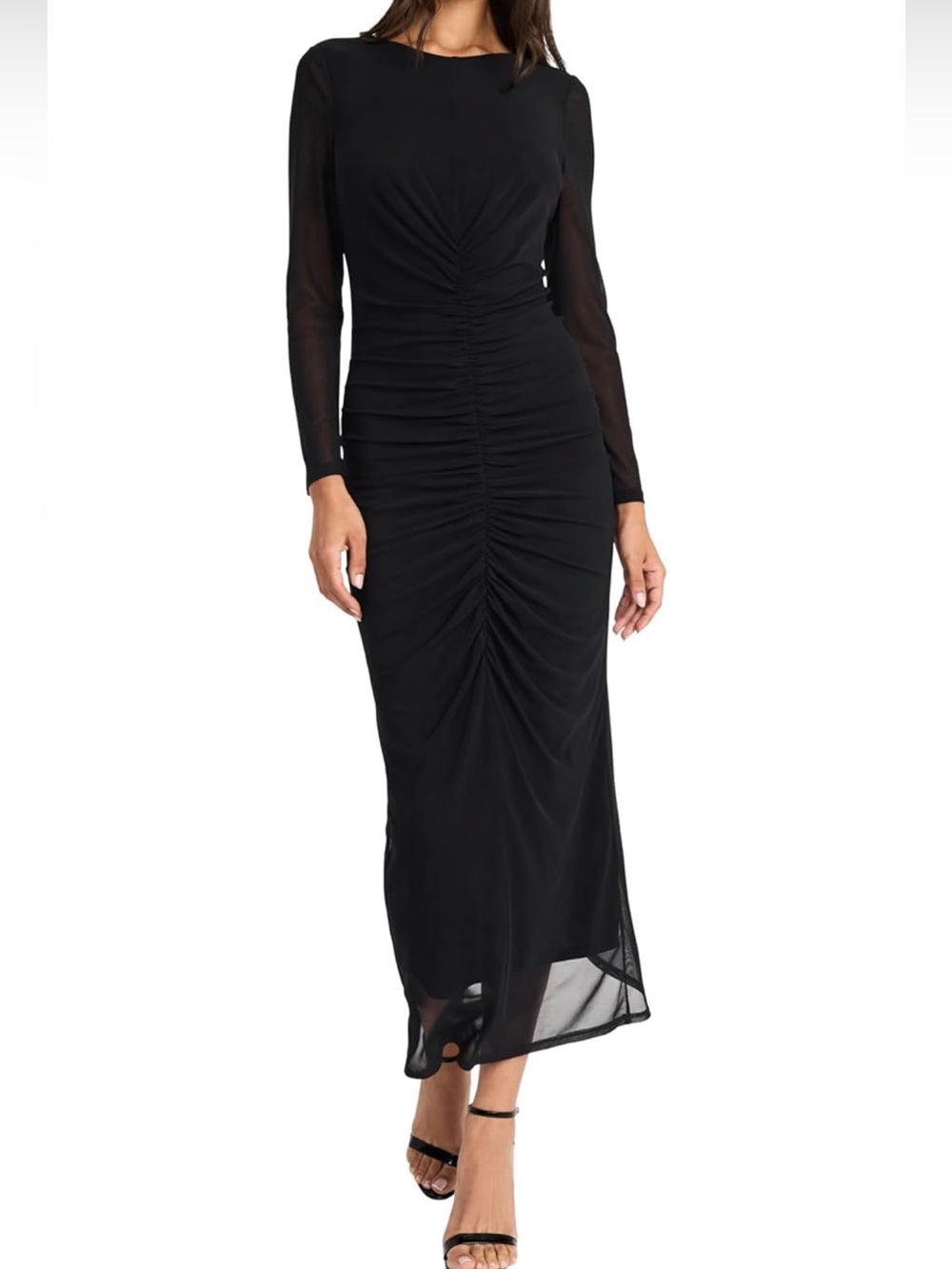 NWT Donna Morgan Black Mesh Ruched Chic Elegant Formal Evening Maxi Tea Dress 16